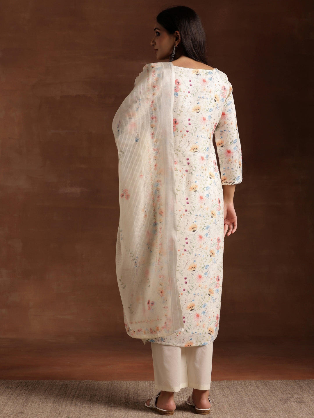 Cream Printed Cotton Straight Suit With Dupatta - Libas