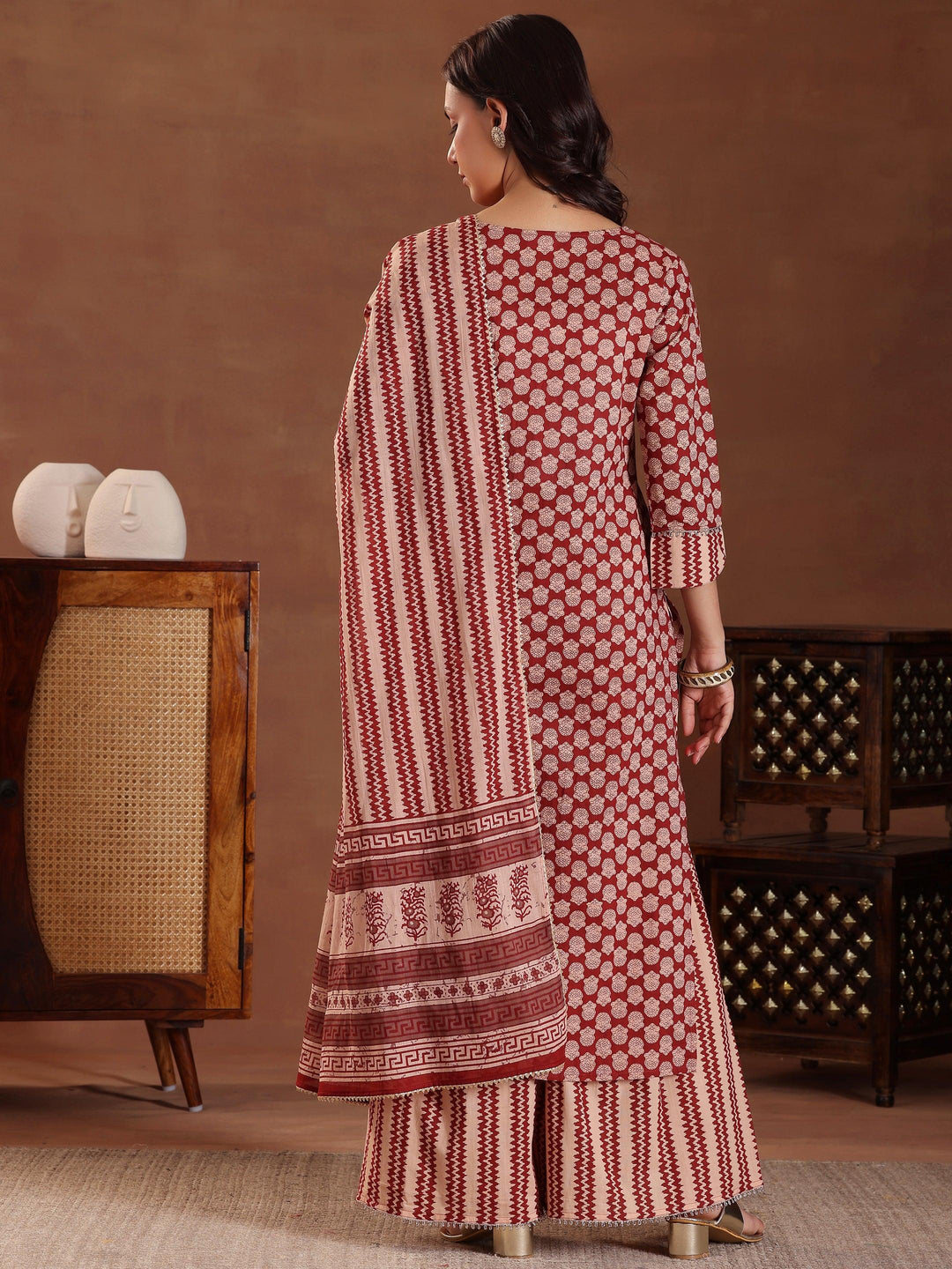 Maroon Printed Cotton Straight Suit With Dupatta - Libas