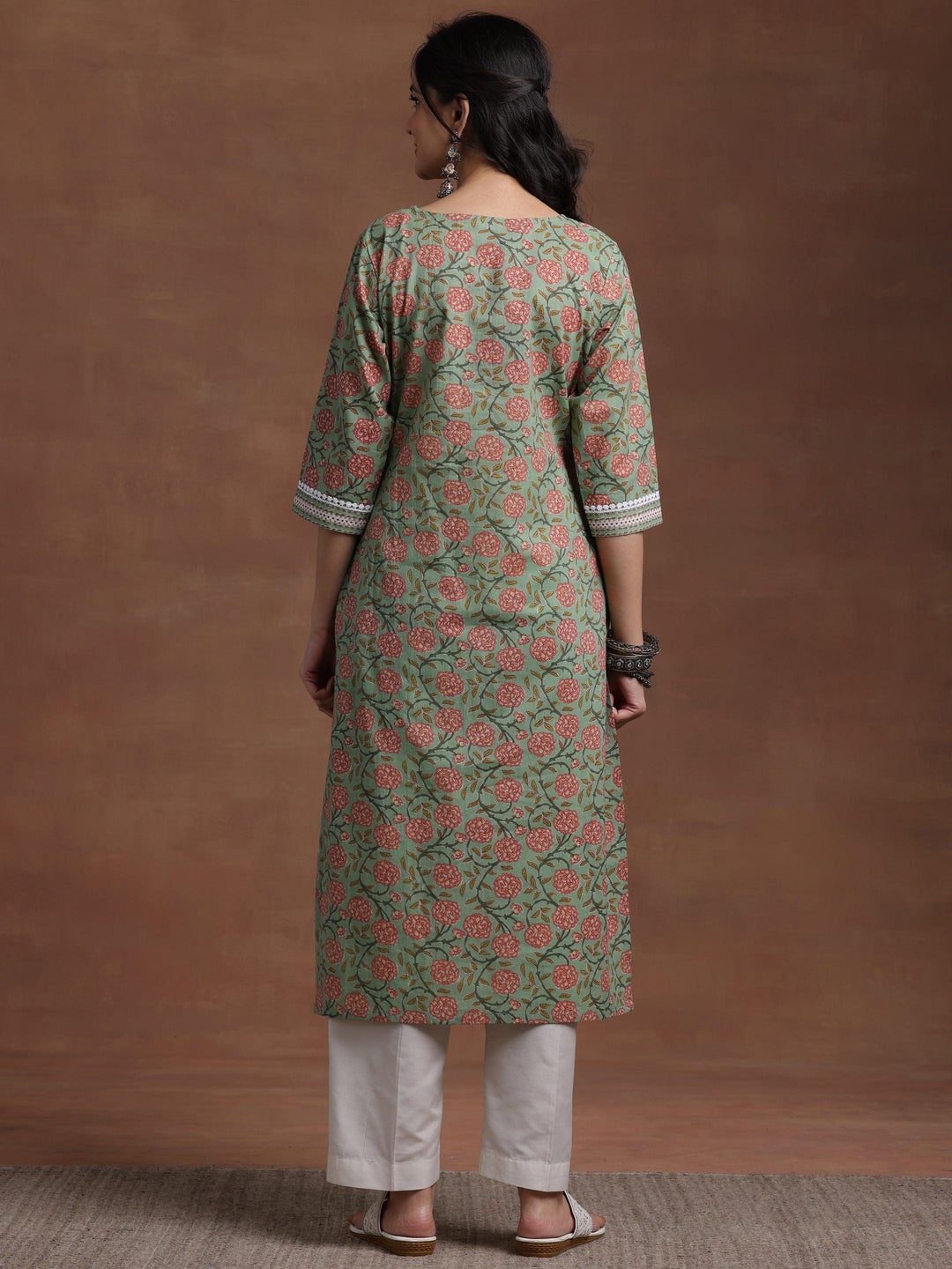 Green Printed Cotton Straight Kurta - Libas 