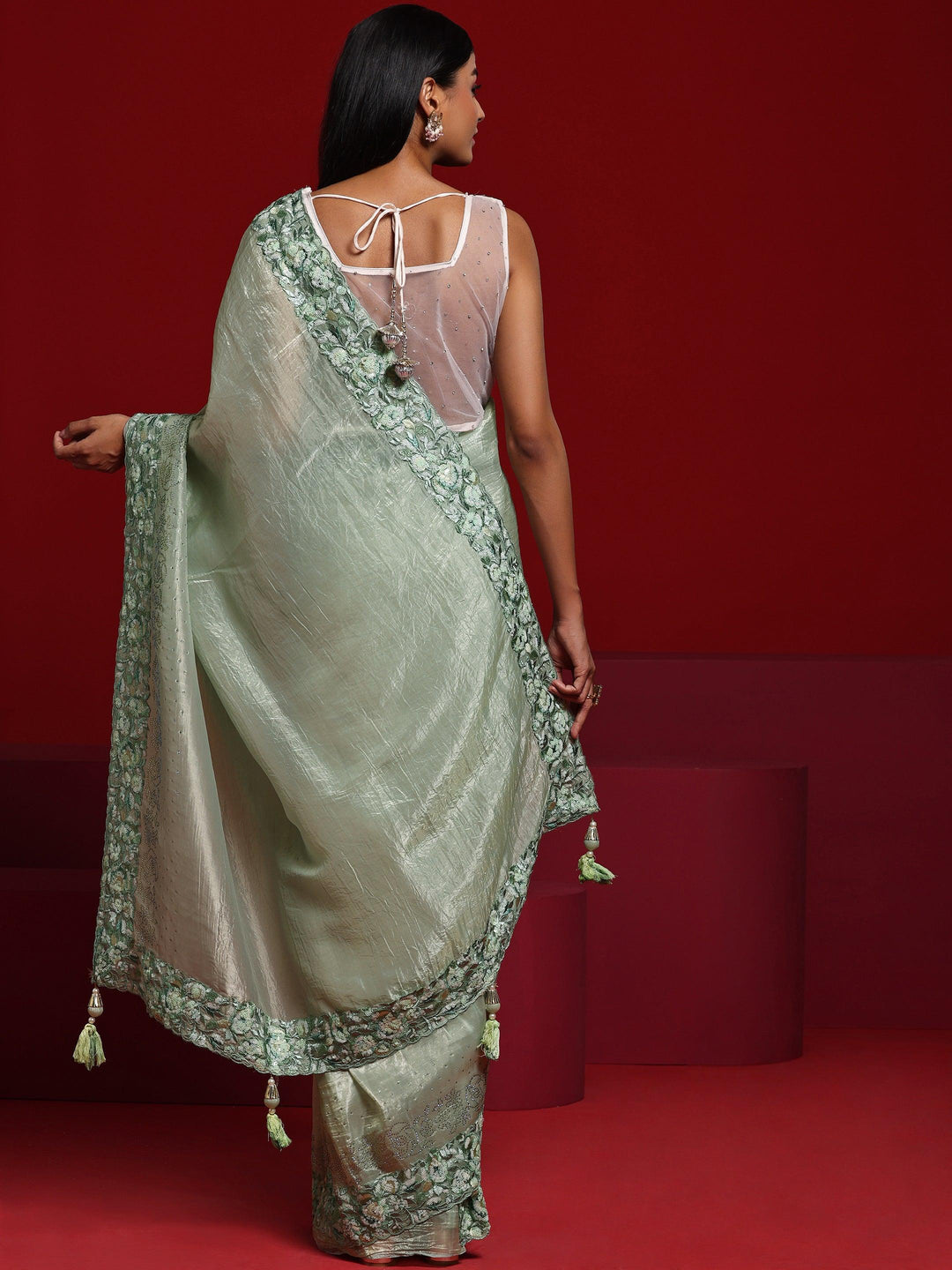 Libas Art Green Embellished Tissue Saree With Unstitched Blouse Piece - Libas