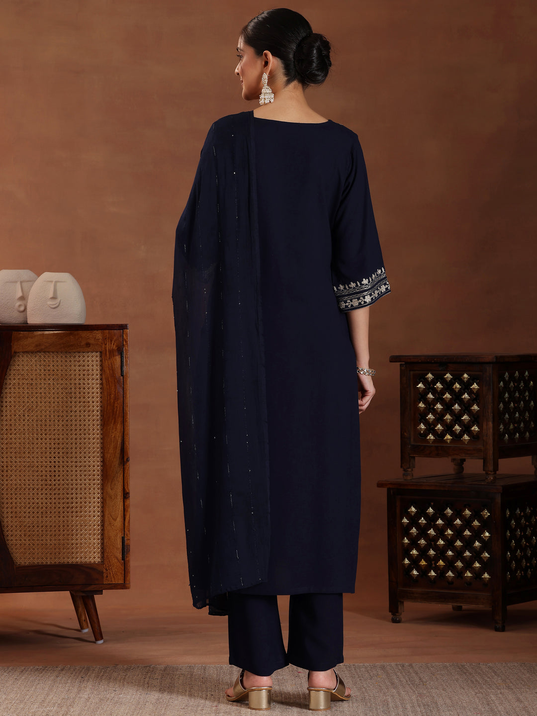  Blue Embroidered Rayon Straight Suit With Dupatta 