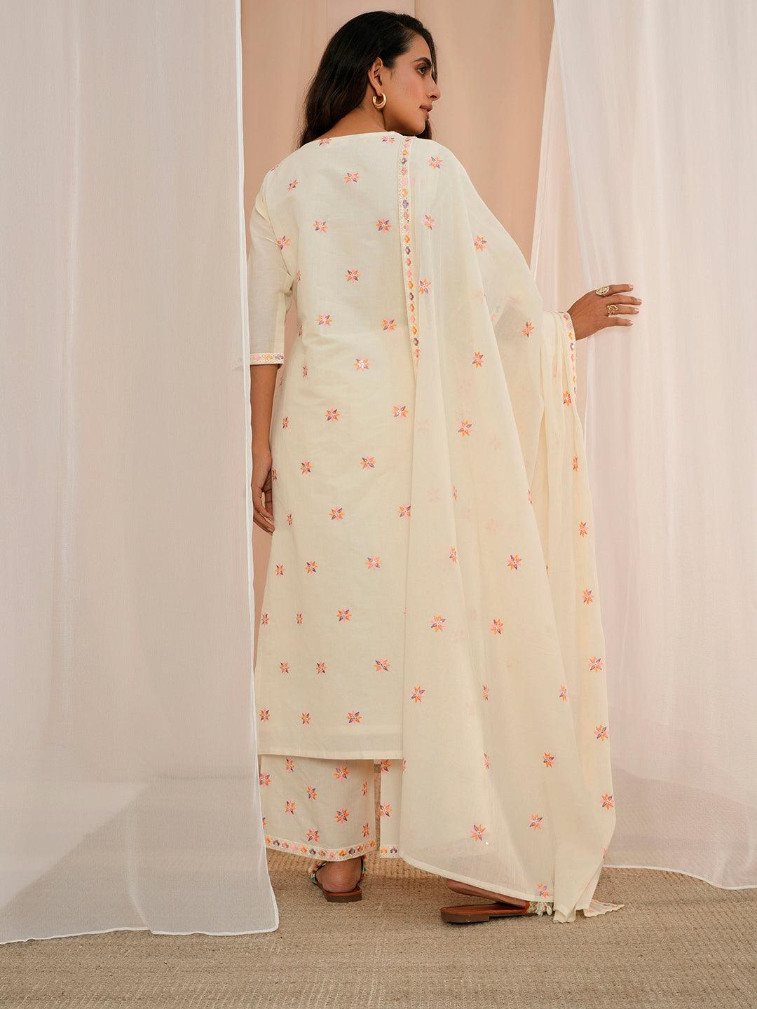 Off White Embroidered Cotton Straight Suit With Dupatta - Libas 