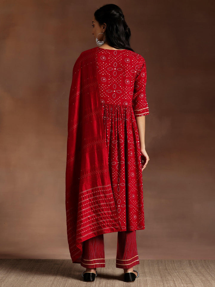 Zainab Red Printed Rayon A-Line Kurta With Palazzos & Dupatta - Libas