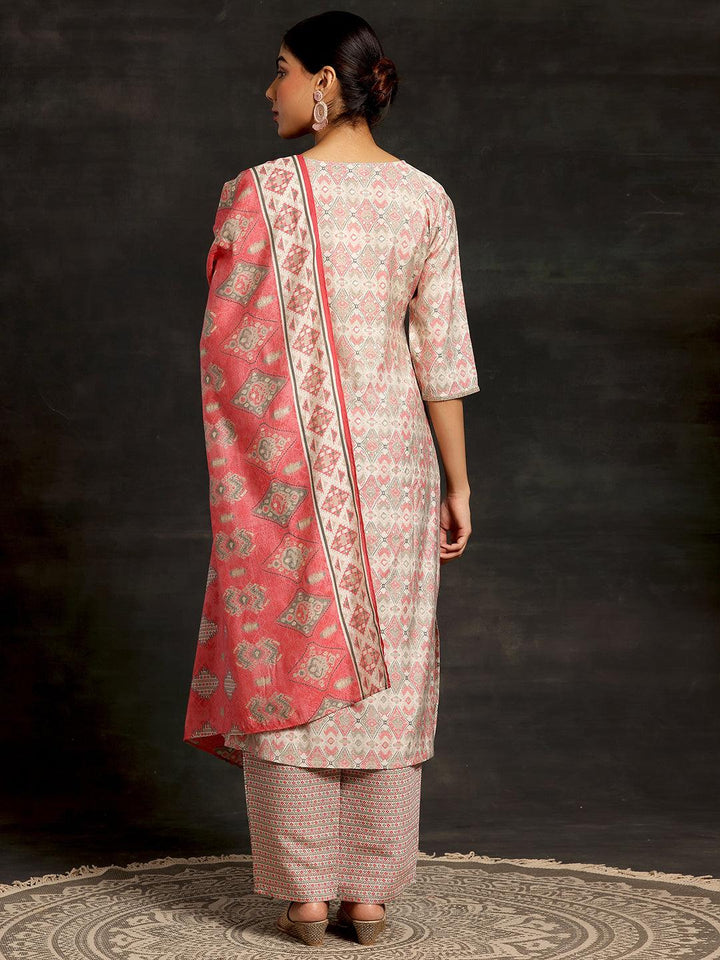 Beige Printed Silk Blend Straight Suit With Dupatta - Libas