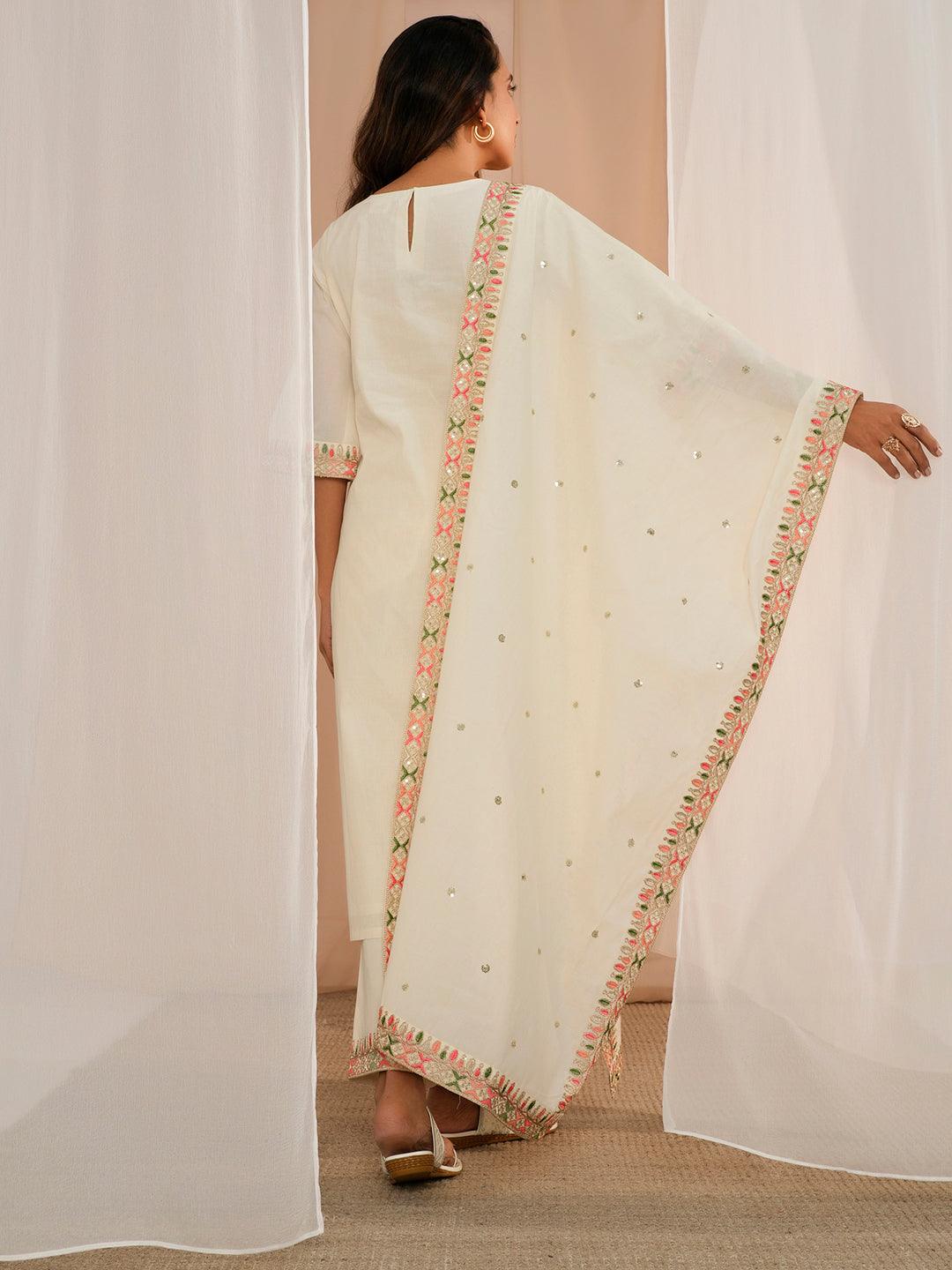 Off White Embroidered Cotton Straight Suit With Dupatta - Libas 