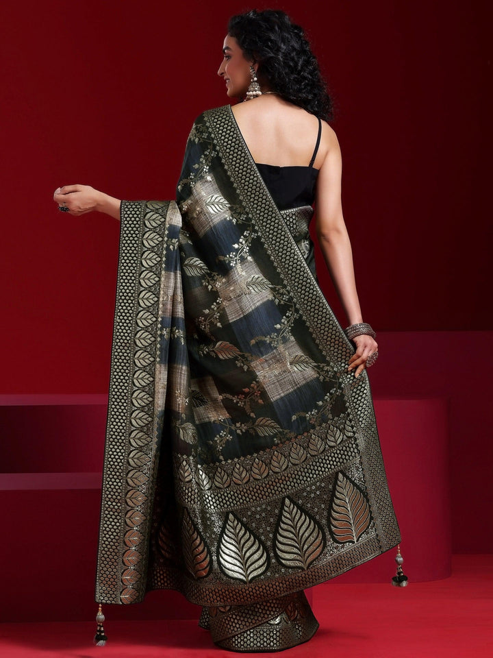 Libas Art Black Colorblocked Satin Saree With Unstitched Blouse Piece - Libas