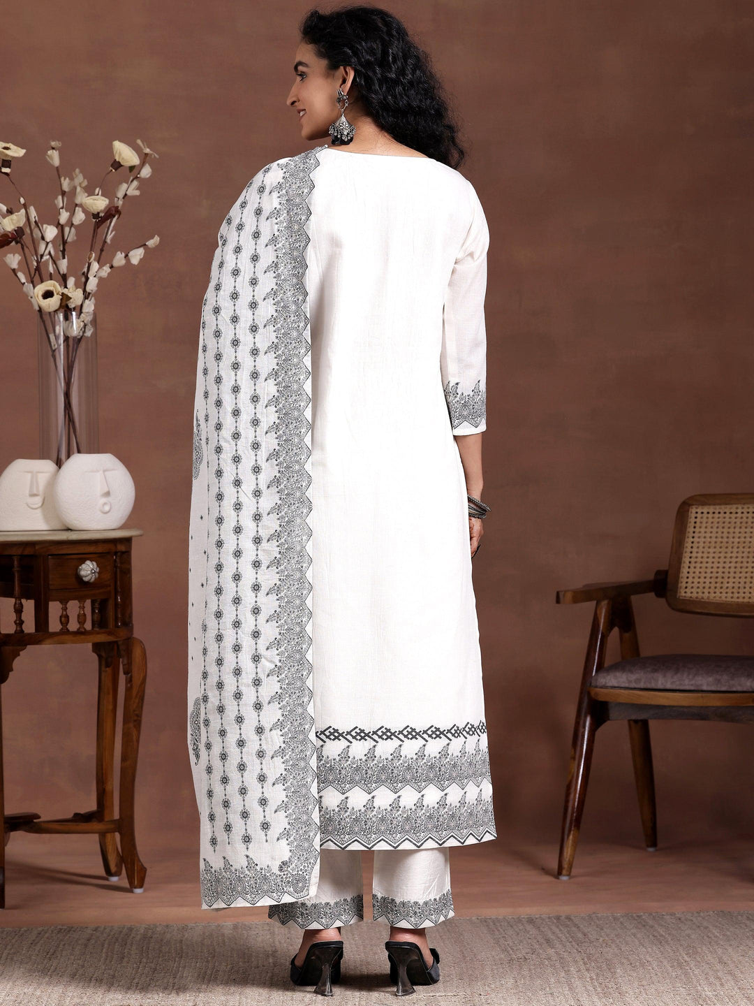 White Woven Design Linen Straight Suit With Dupatta - Libas 