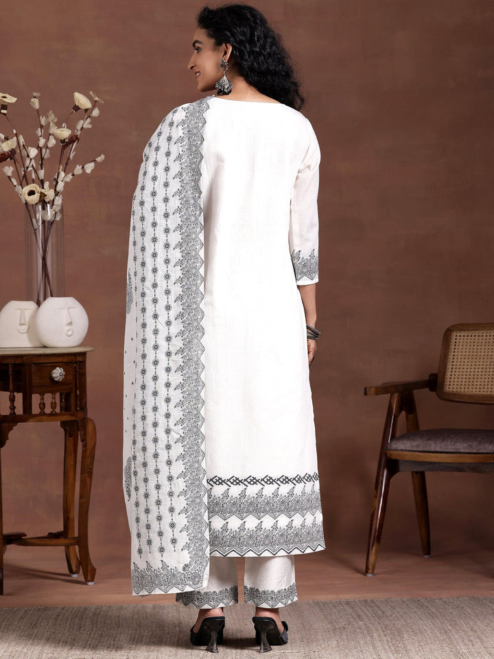 White Woven Design Linen Straight Suit With Dupatta - Libas