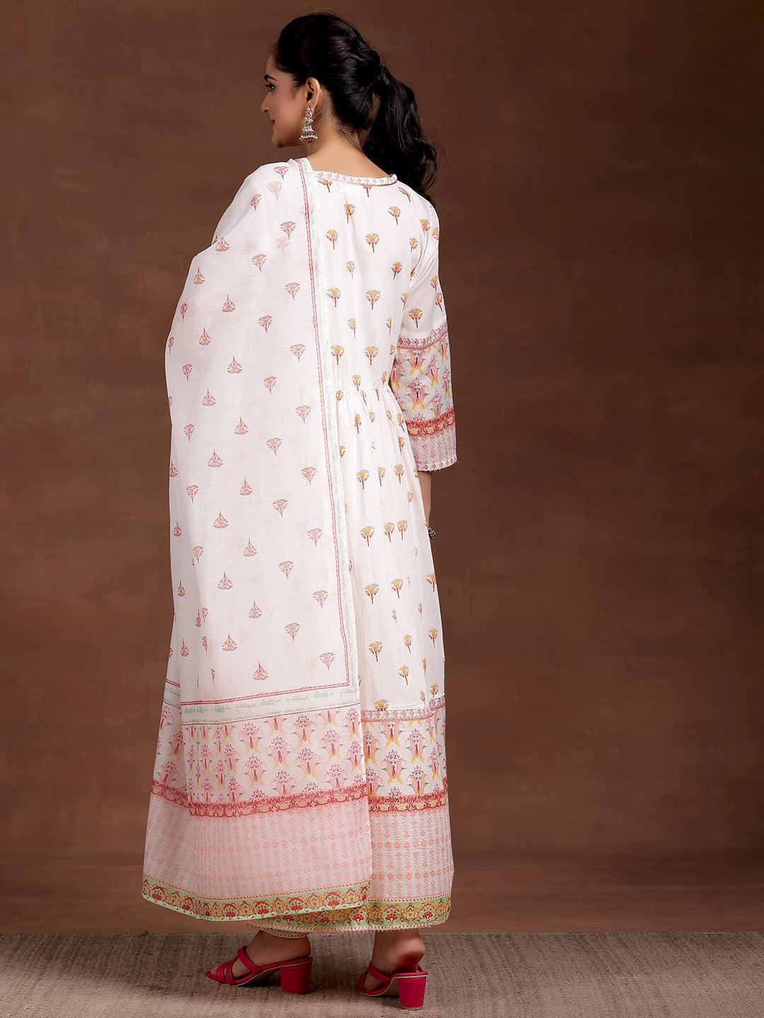 Off White Printed Cotton Anarkali Suit With Dupatta - Libas 