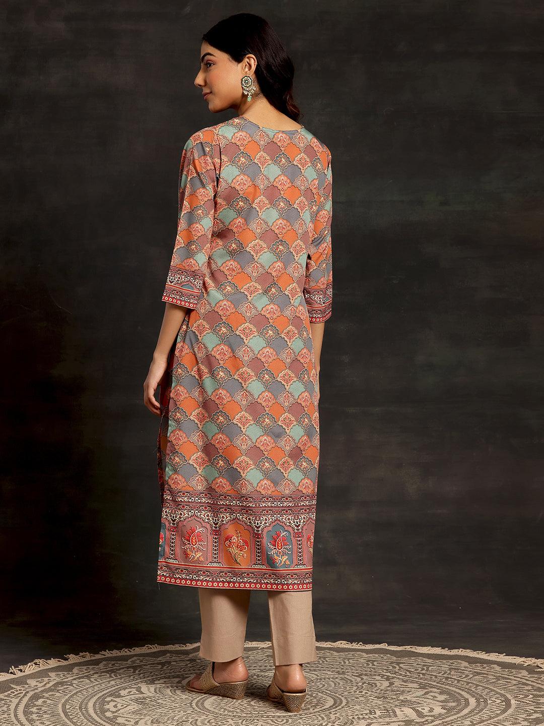 Multicoloured Printed Crepe Straight Kurta - Libas