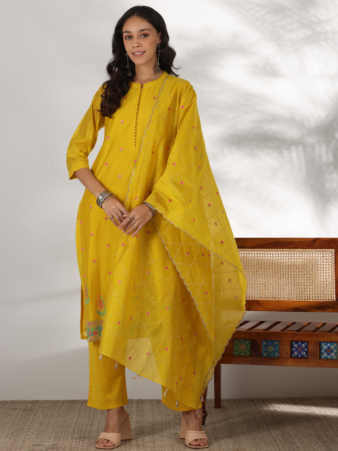  Yellow Embroidered Chanderi Silk Straight Suit With Dupatta 