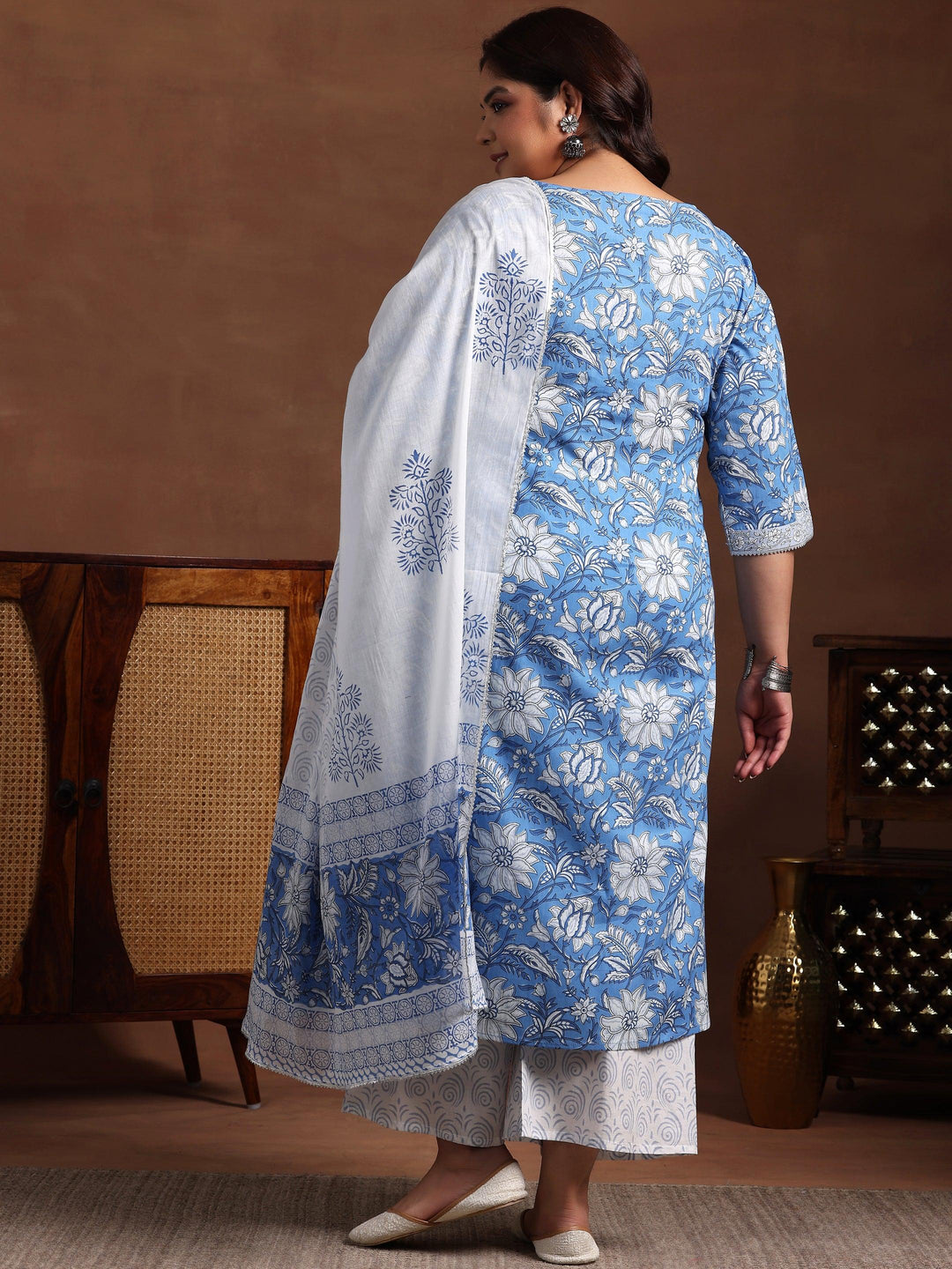 Plus Size Blue Printed Cotton Straight Suit With Dupatta - Libas 