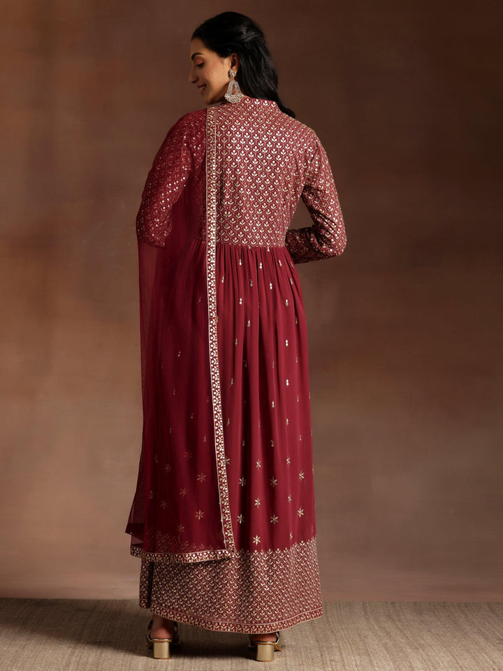 Mauve Embroidered Georgette A-Line Kurta With Trousers & Dupatta - Libas