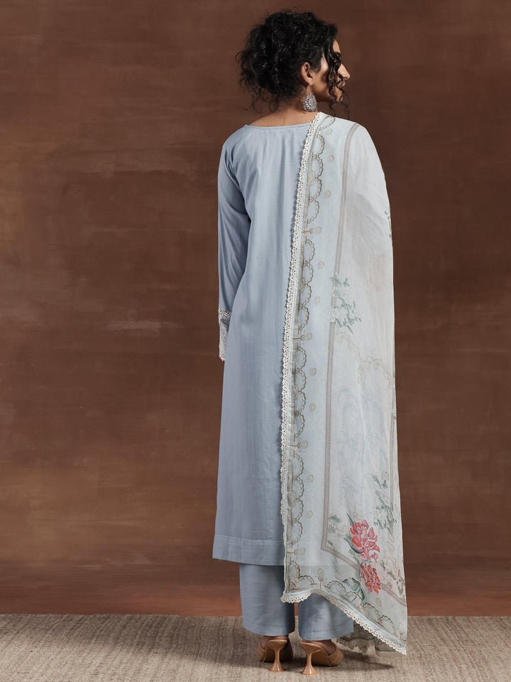 Blue Embroidered Silk Blend Straight Suit With Dupatta - Libas