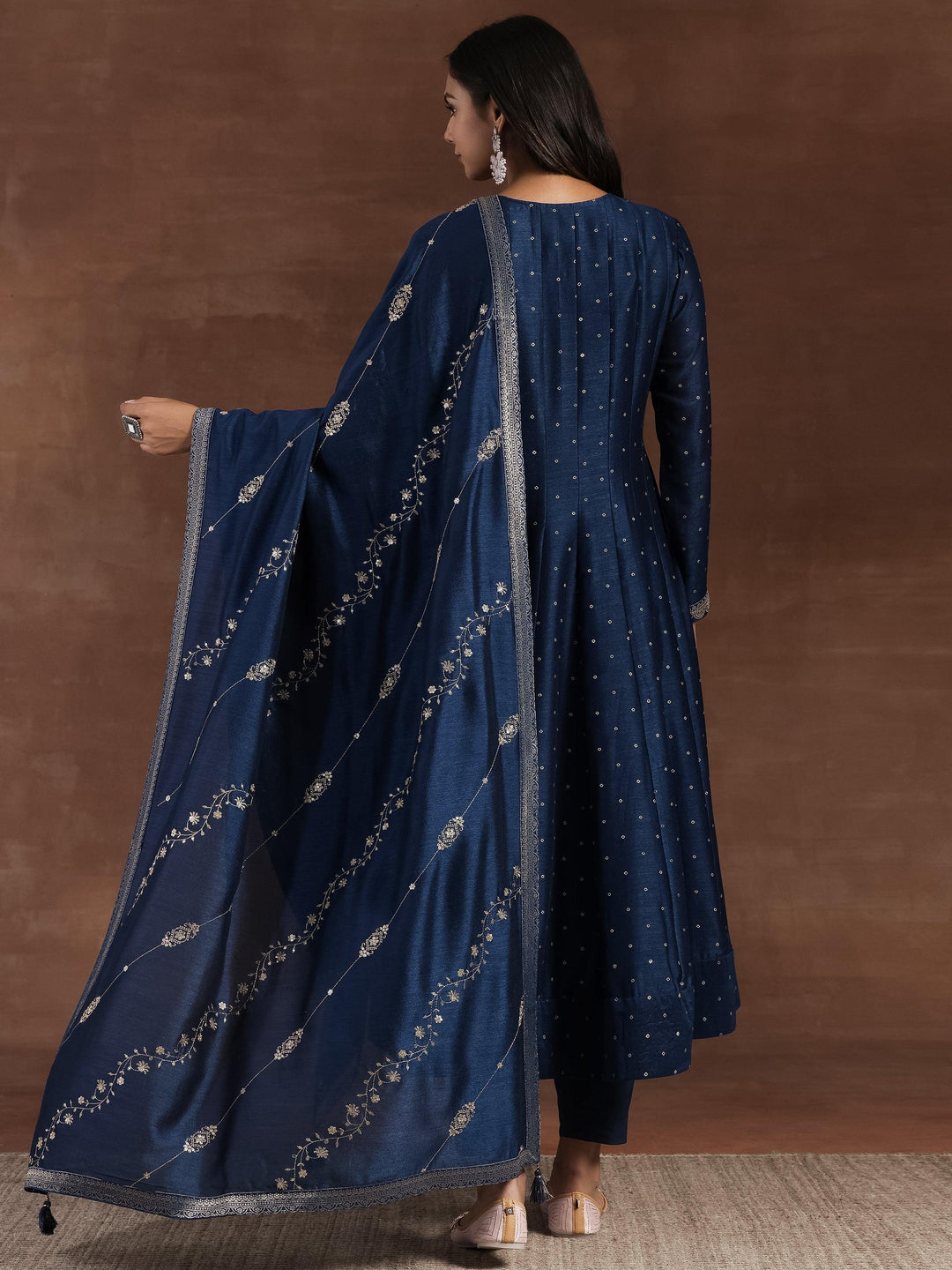 Rizwana Blue Embroidered Silk Blend A-Line Kurta With Trousers & Dupatta - Libas 