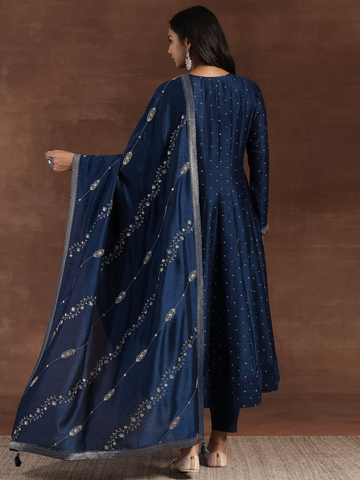 Rizwana Blue Embroidered Silk Blend A-Line Kurta With Trousers & Dupatta - Libas