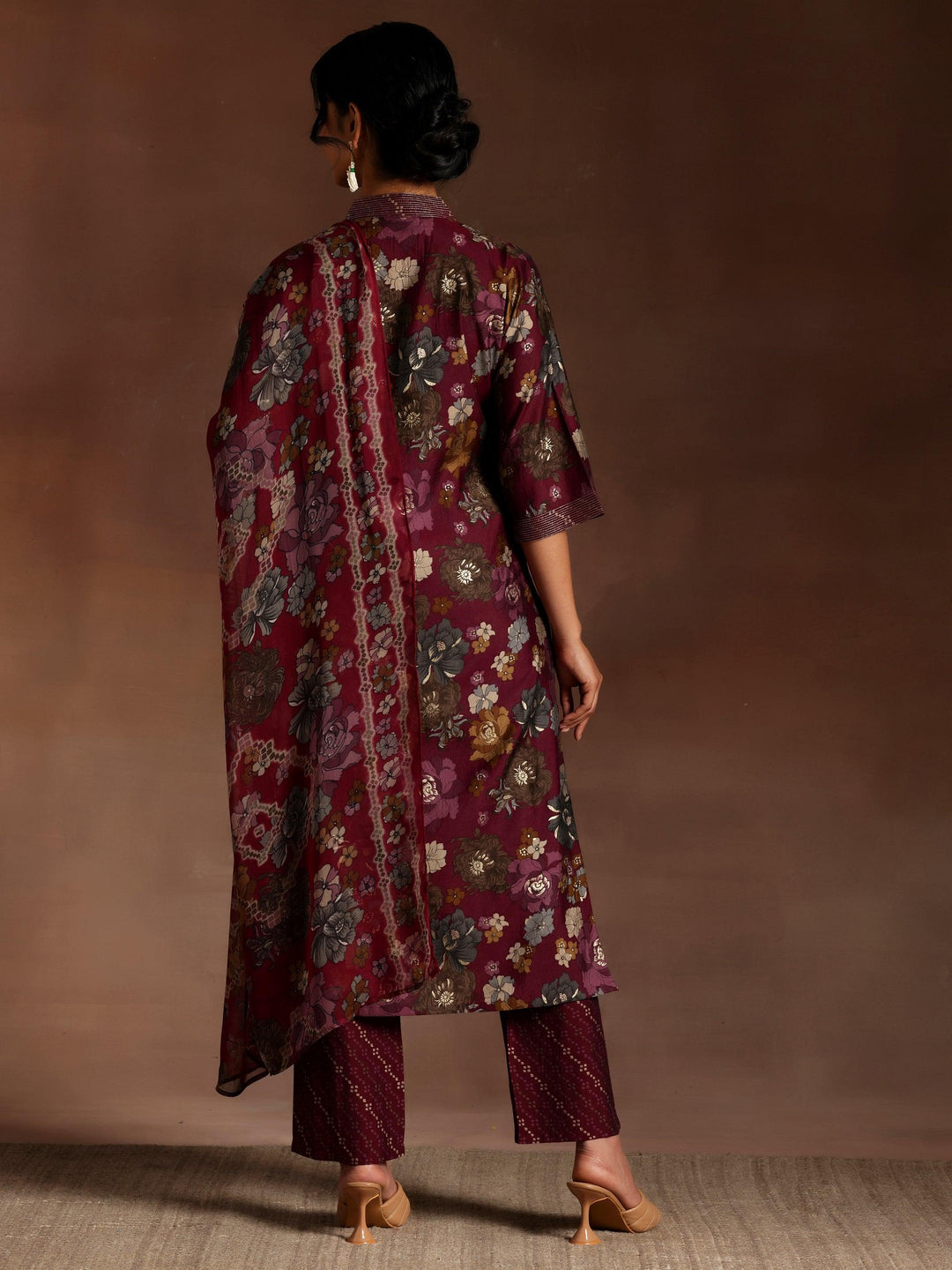 Burgundy Printed Silk Blend Straight Suit With Dupatta - Libas