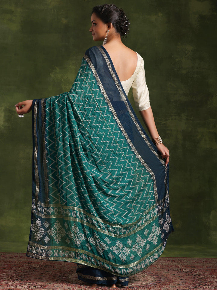 Green Printed Poly Georgette Saree With Unstitched Blouse Piece - Libas