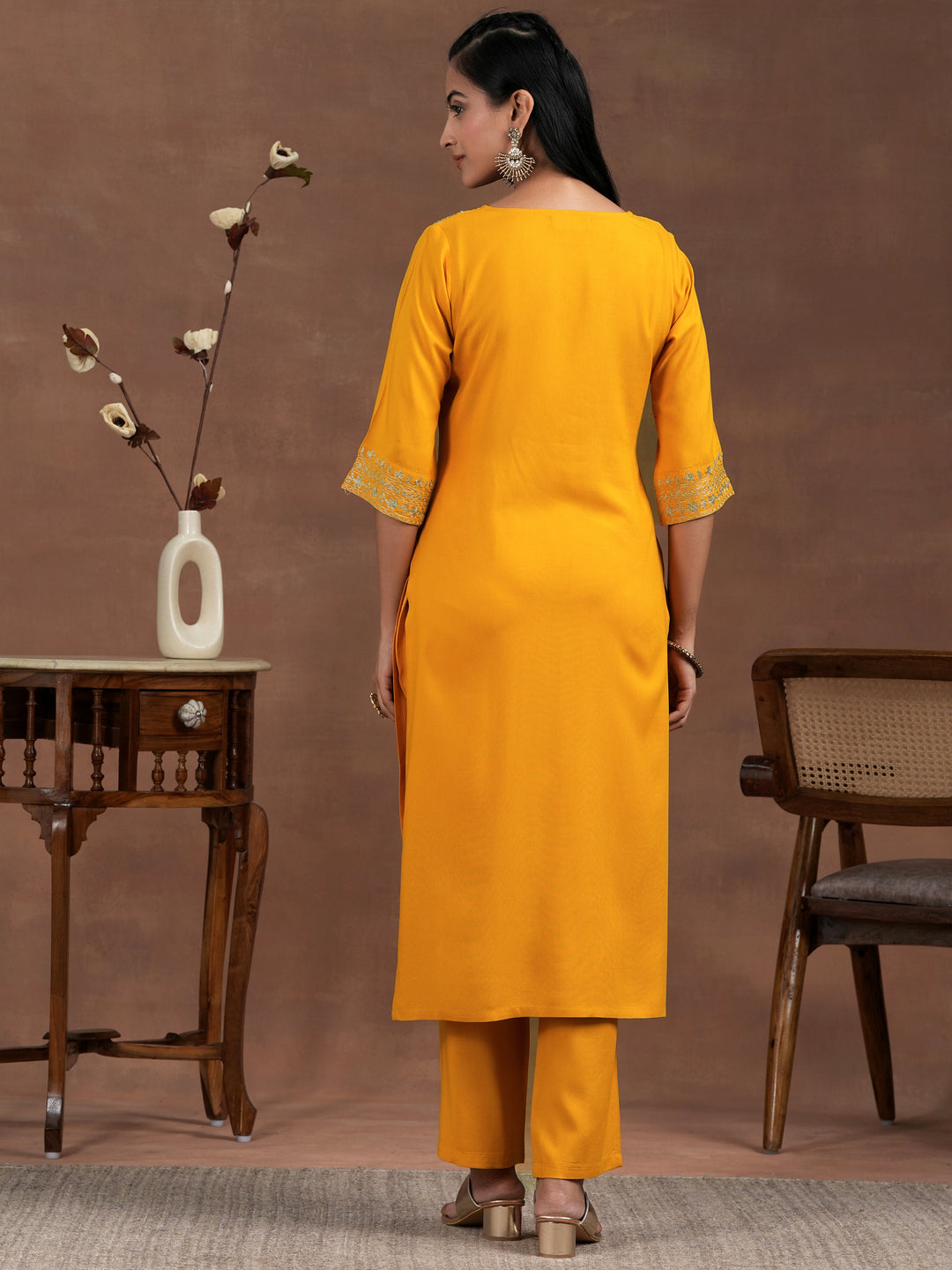  Yellow Embroidered Rayon Straight Kurta Set 