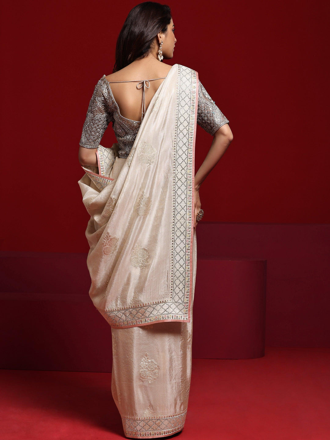 Libas Art Beige Woven Design Silk Blend Saree With Unstitched Blouse Piece - Libas 