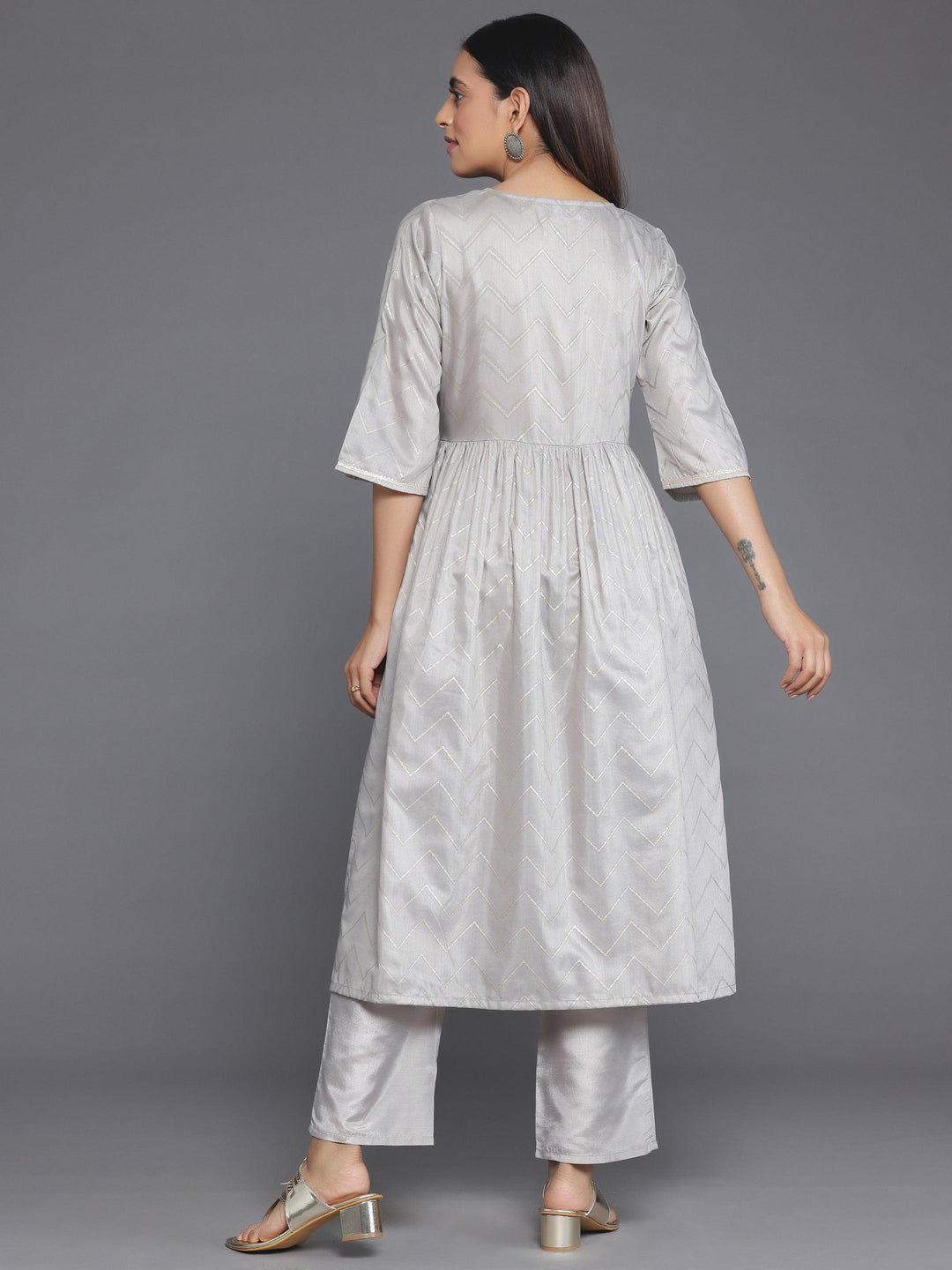 Grey Printed Silk Blend A-Line Kurta With Trousers - Libas