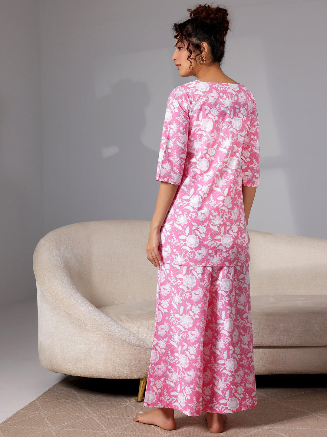 Pink Printed Cotton Night Suits - Libas