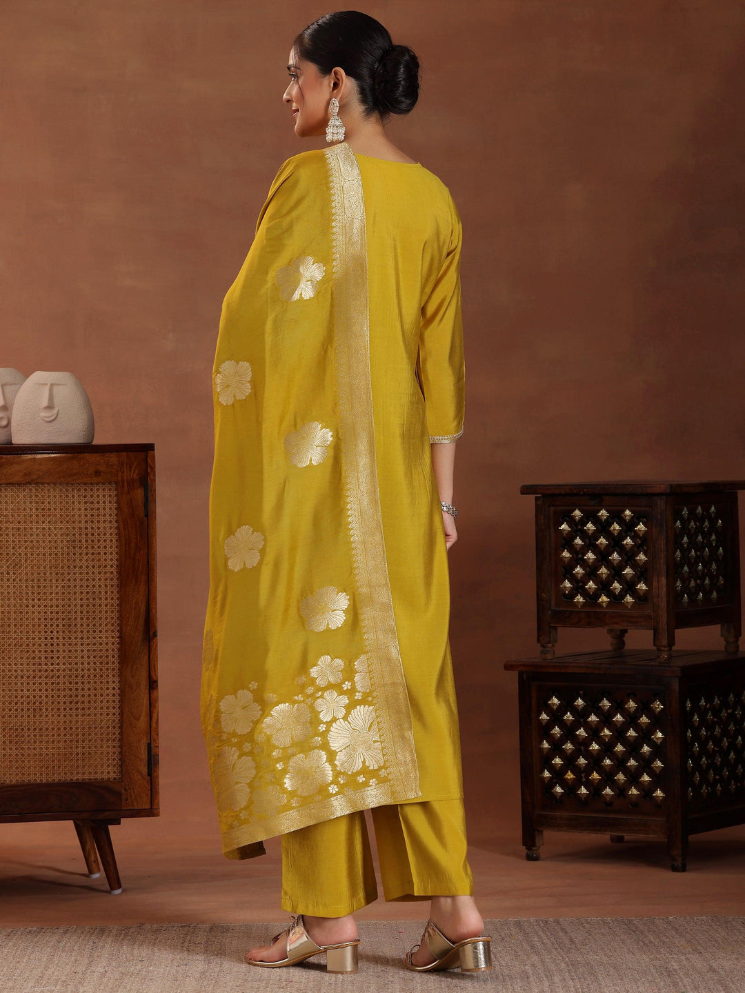 Mustard Yoke Design Silk Blend Straight Suit With Dupatta - Libas 