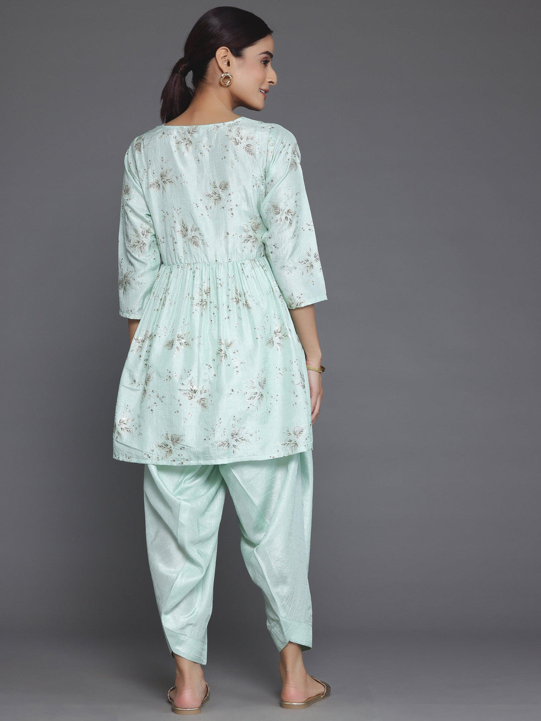 Sea Green Printed Silk Blend A-Line Kurta With Salwar - Libas