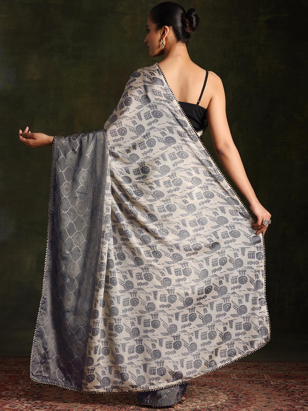 Beige Printed Silk Blend Saree With Unstitched Blouse Piece - Libas 