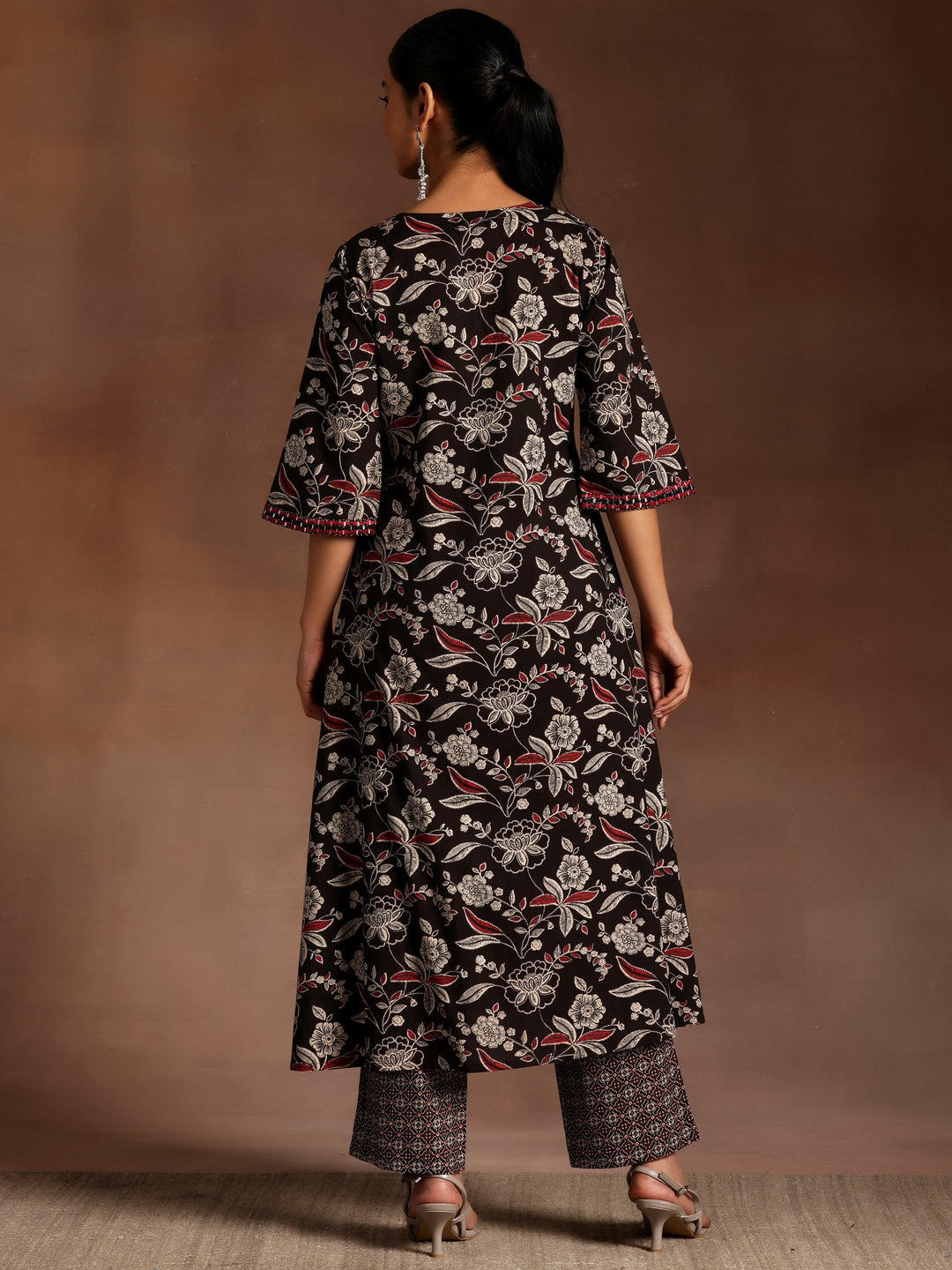 Black Printed Cotton A-Line Kurta With Palazzos - Libas 