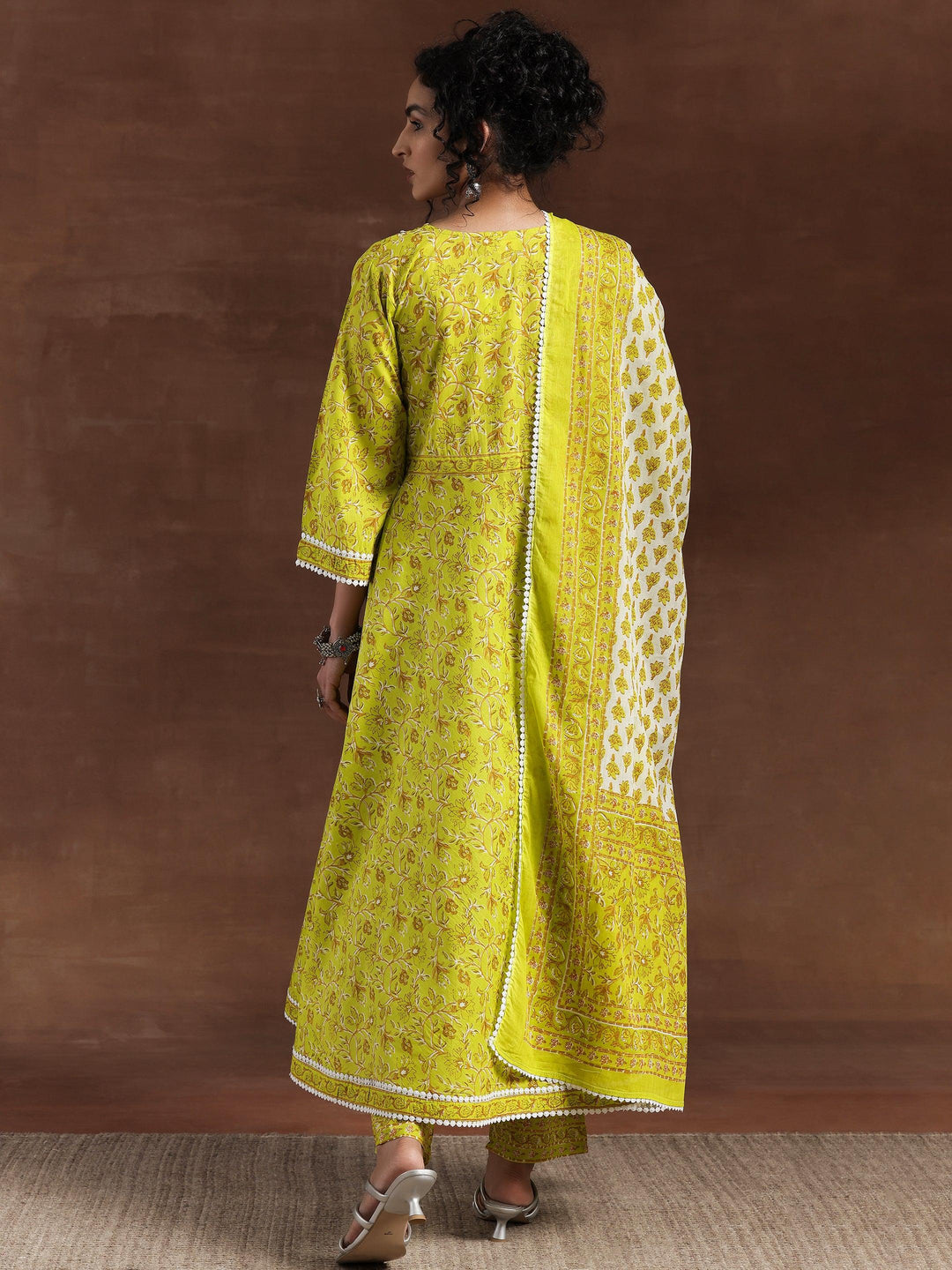 Green Printed Cotton Anarkali Suit With Dupatta - Libas