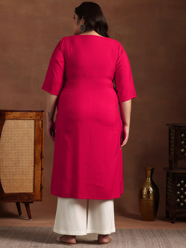 Plus Size Red Woven Design Silk Straight Kurta - Libas