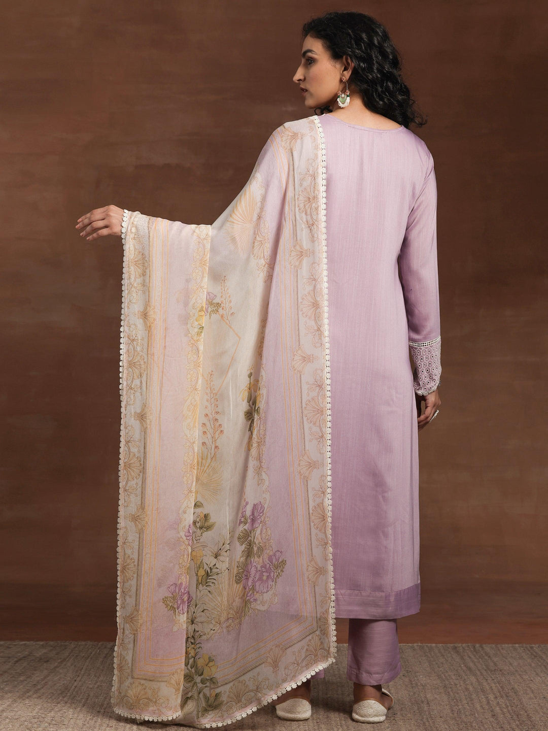 Lilac Embroidered Silk Blend Straight Suit With Dupatta - Libas 