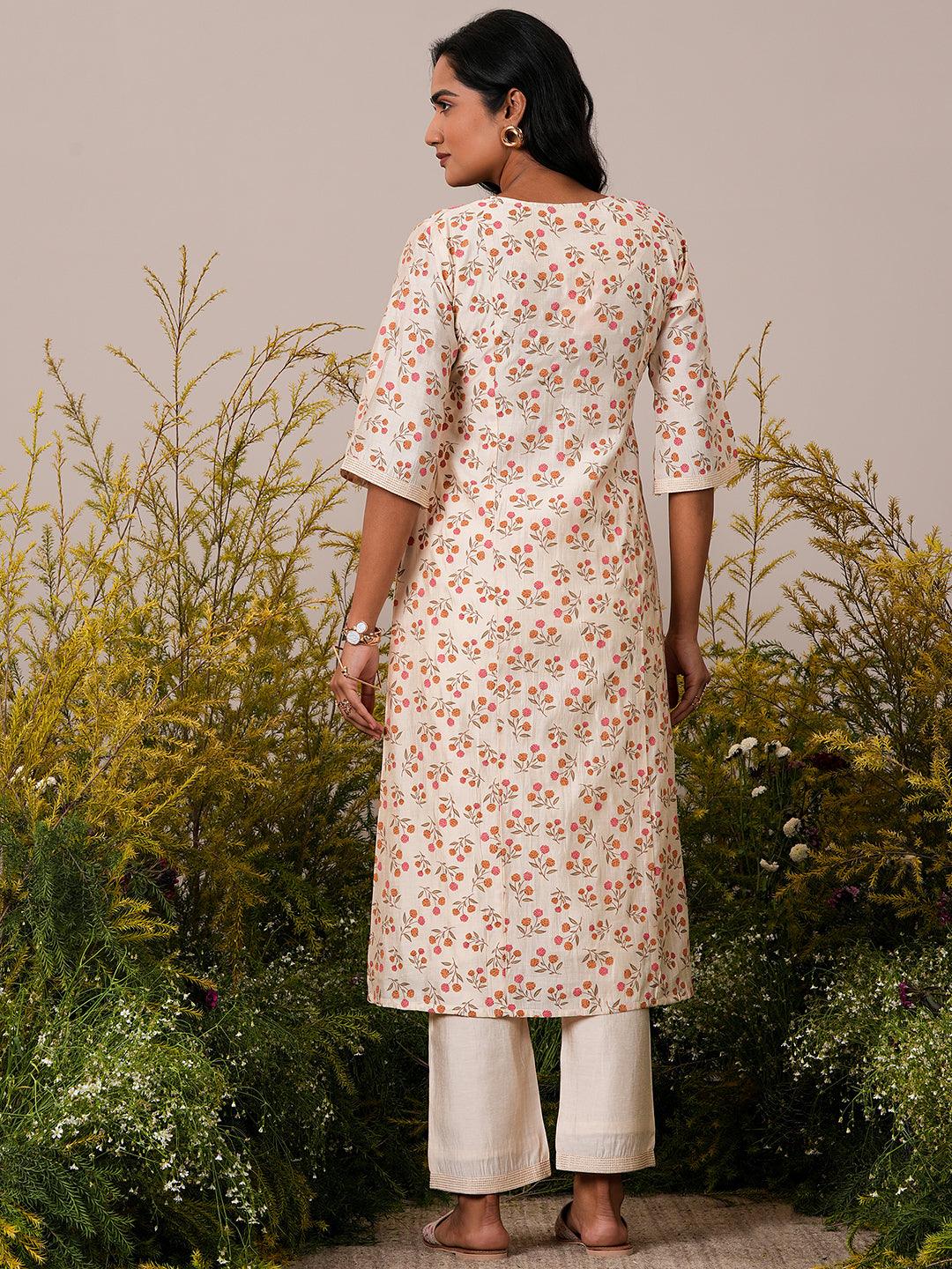 Beige Printed Chanderi Silk A-Line Kurta With Palazzos - Libas 