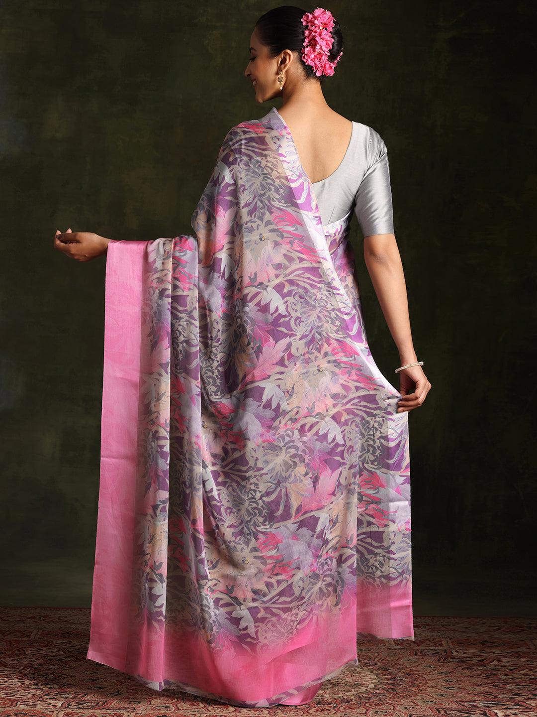 Multicoloured Printed Silk Blend Saree With Unstitched Blouse Piece - Libas