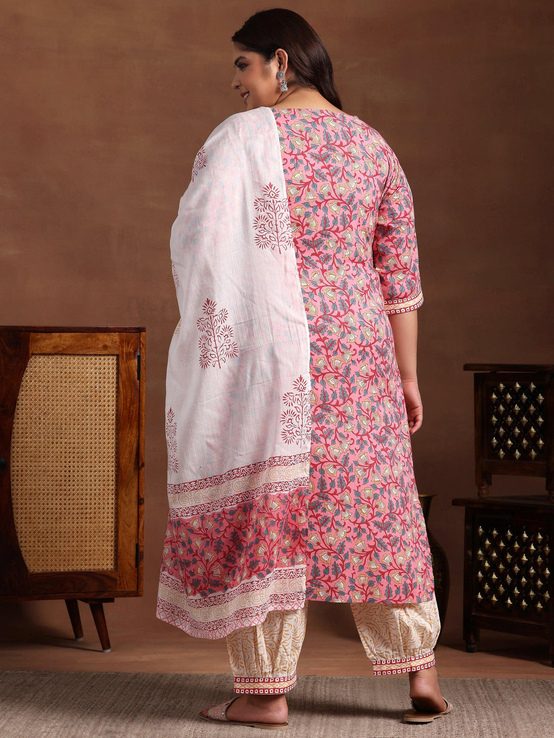 Plus Size Pink Printed Cotton Straight Suit With Dupatta - Libas 