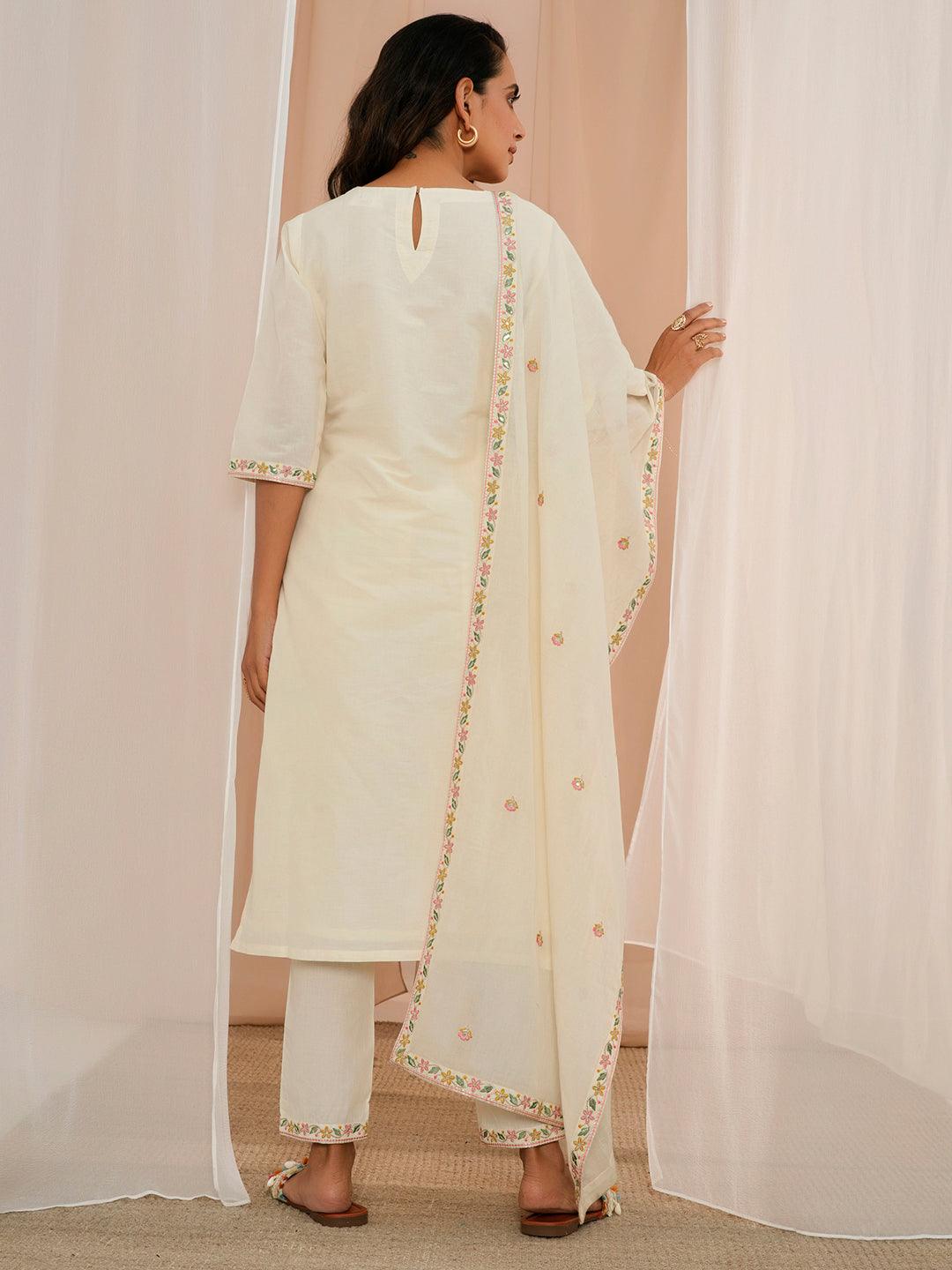 Off White Yoke Design Cotton Straight Suit With Dupatta - Libas 