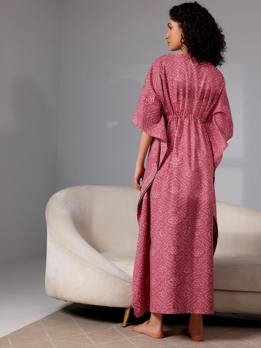 Mauve Printed Cotton Kaftan Night Dress - Libas