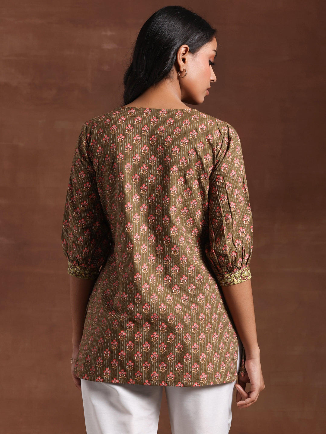 Olive Printed Cotton Straight Kurti - Libas