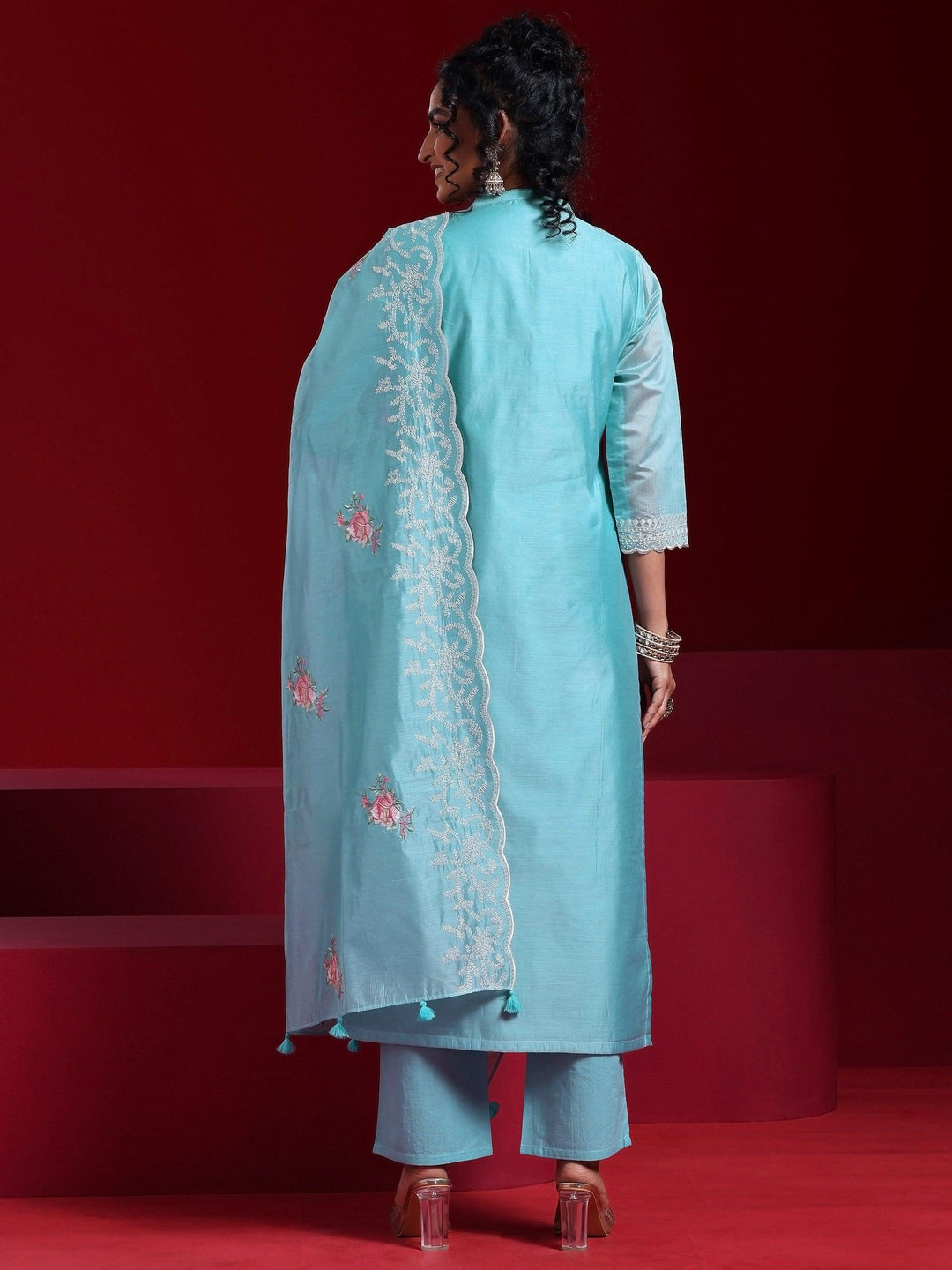 Libas Art Blue Embroidered Chanderi Silk Straight Suit With Dupatta - Libas