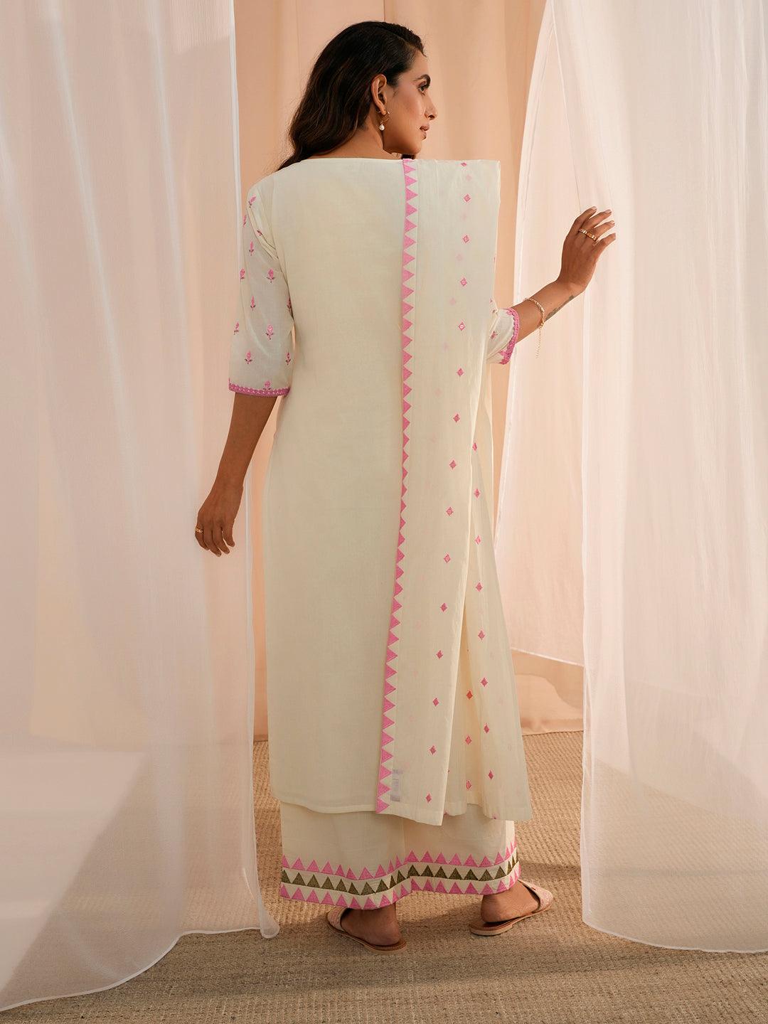 Off White Embroidered Cotton Straight Suit With Dupatta - Libas