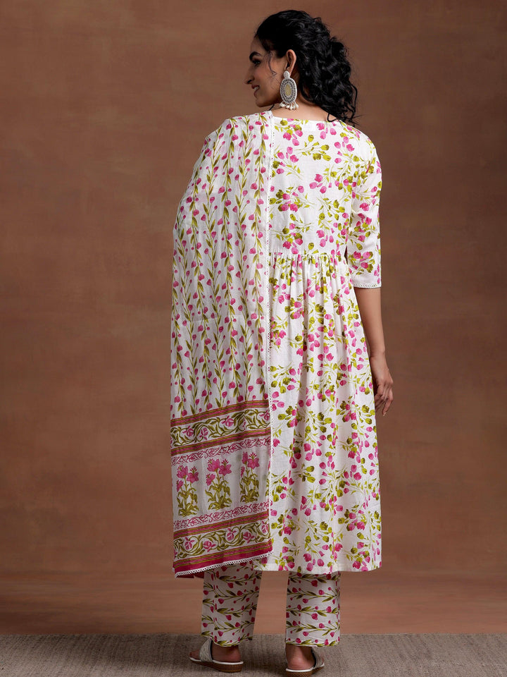 Off White Printed Cotton A-Line Kurta With Palazzos & Dupatta - Libas