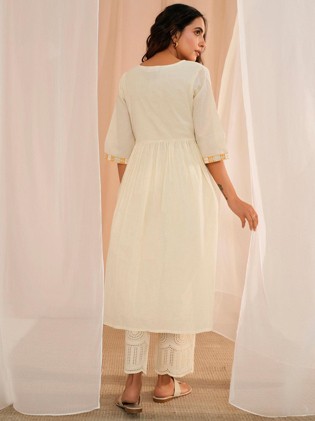 Off White Yoke Design Cotton A-Line Kurta - Libas