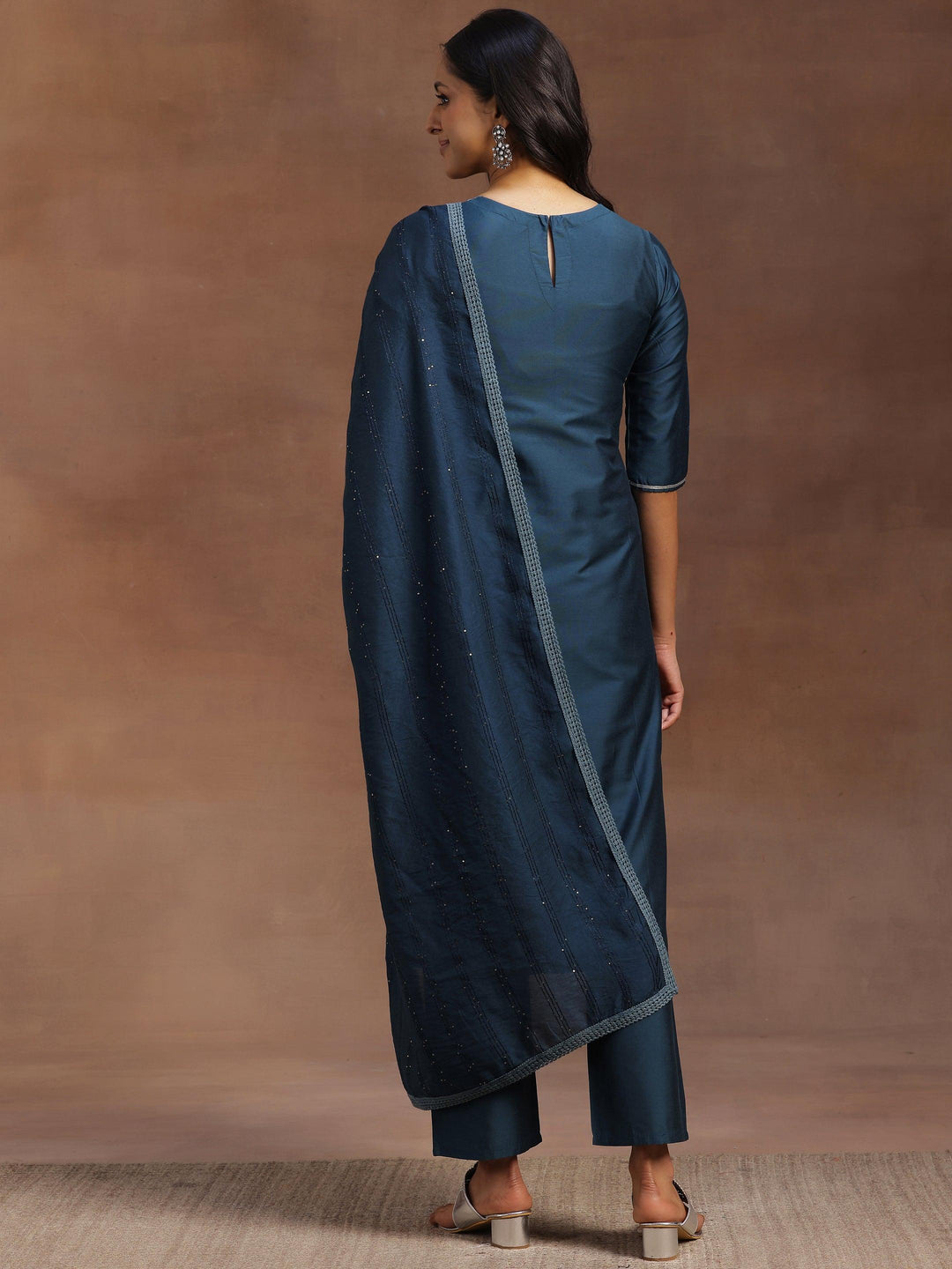 Blue Yoke Design Silk Blend Straight Suit With Dupatta - Libas