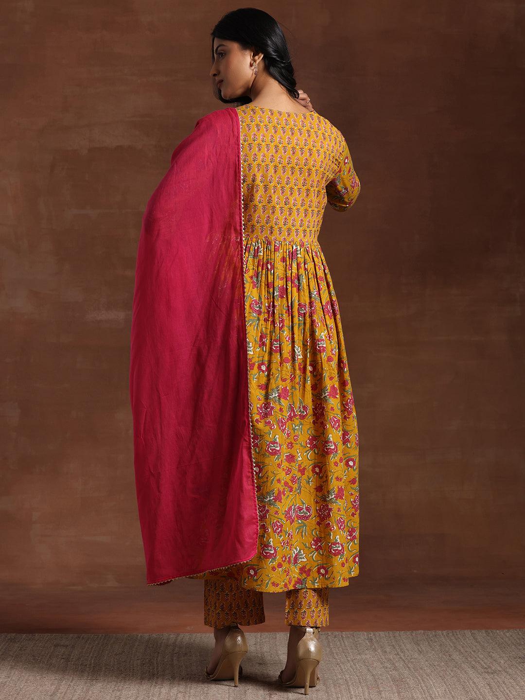 Yellow Printed Pure Cotton Anarkali Suit With Dupatta - Libas 