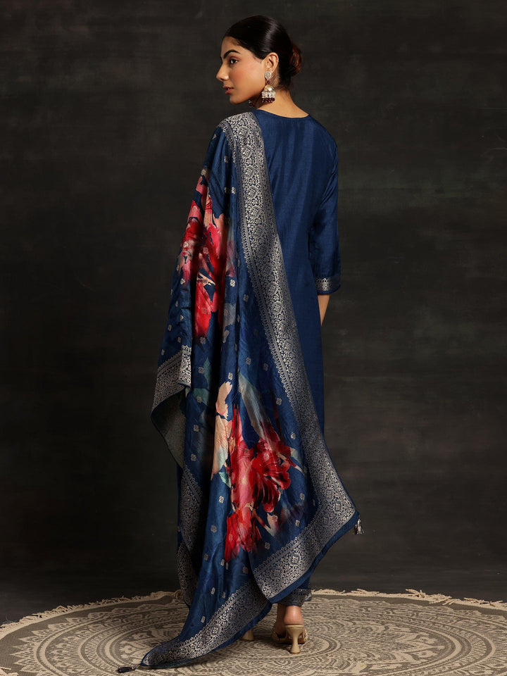 Blue Woven Design Silk Blend Straight Suit With Dupatta - Libas