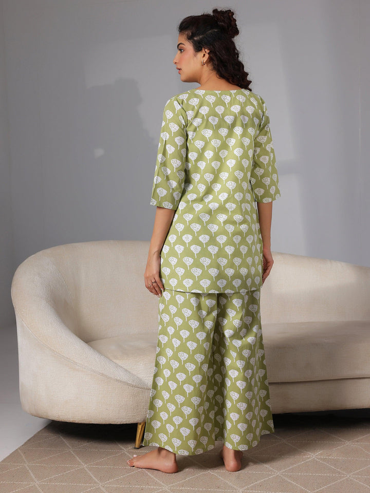 Green Printed Cotton Night Suits - Libas