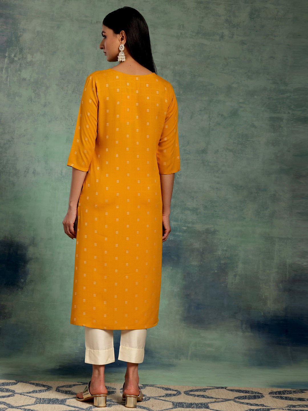 Mustard Woven Design Rayon Straight Kurta - Libas 