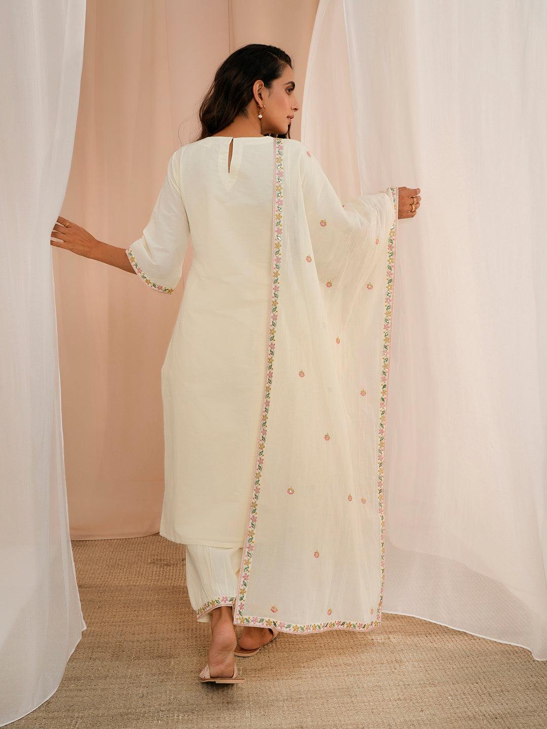 Off White Yoke Design Cotton Straight Suit With Dupatta - Libas 