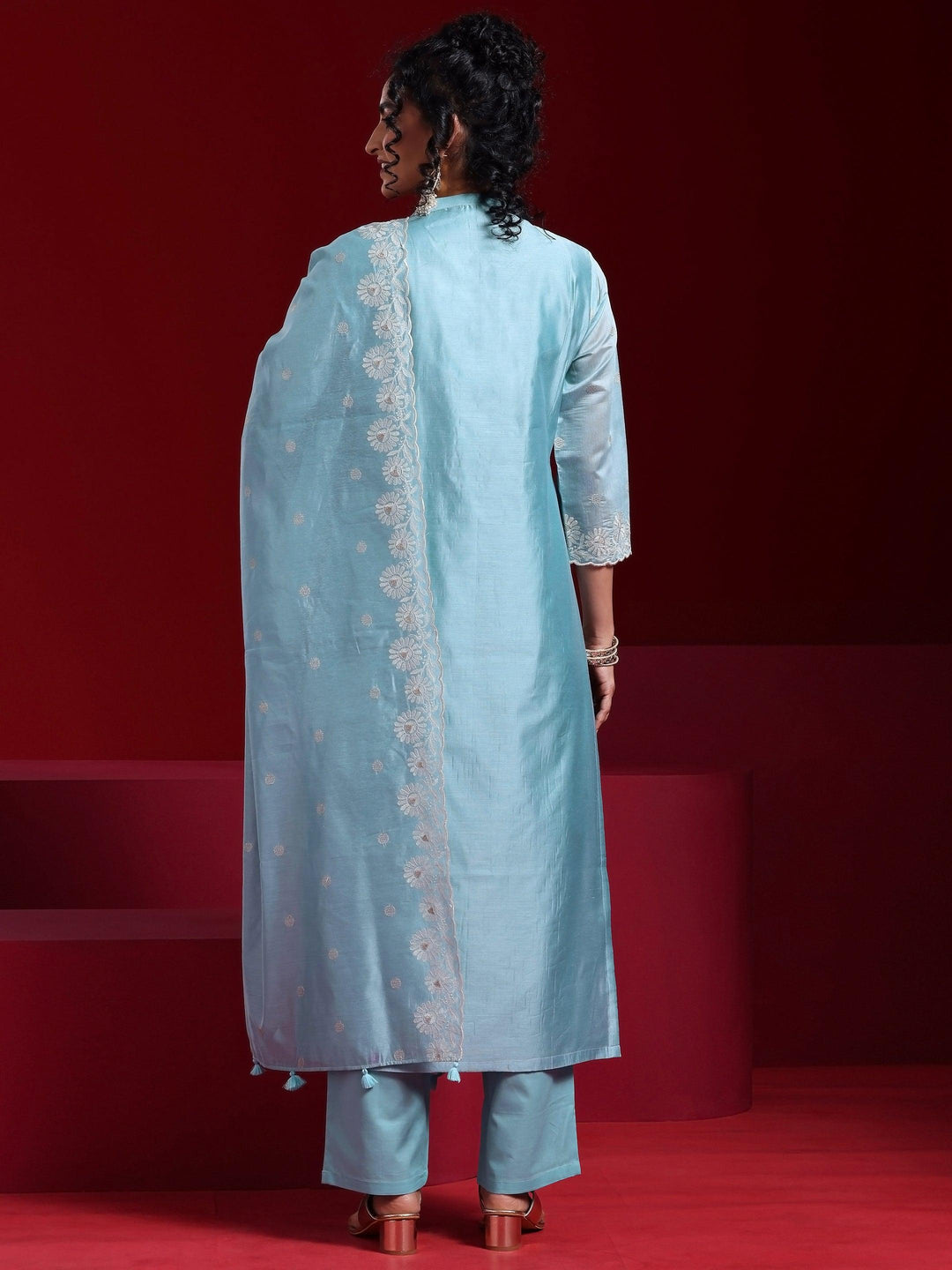 Libas Art Blue Embroidered Chanderi Silk Straight Suit With Dupatta - Libas